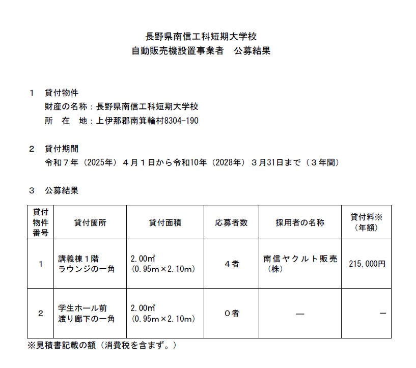 自動販売機設置に係る公募型見積合わせの結果について